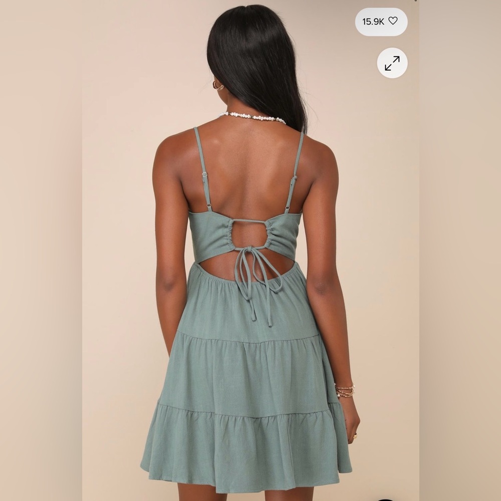 Lulu's Sage Green Cutout Tiered Mini Dress “Make a Day Out of It” - Picture 2 of 7
